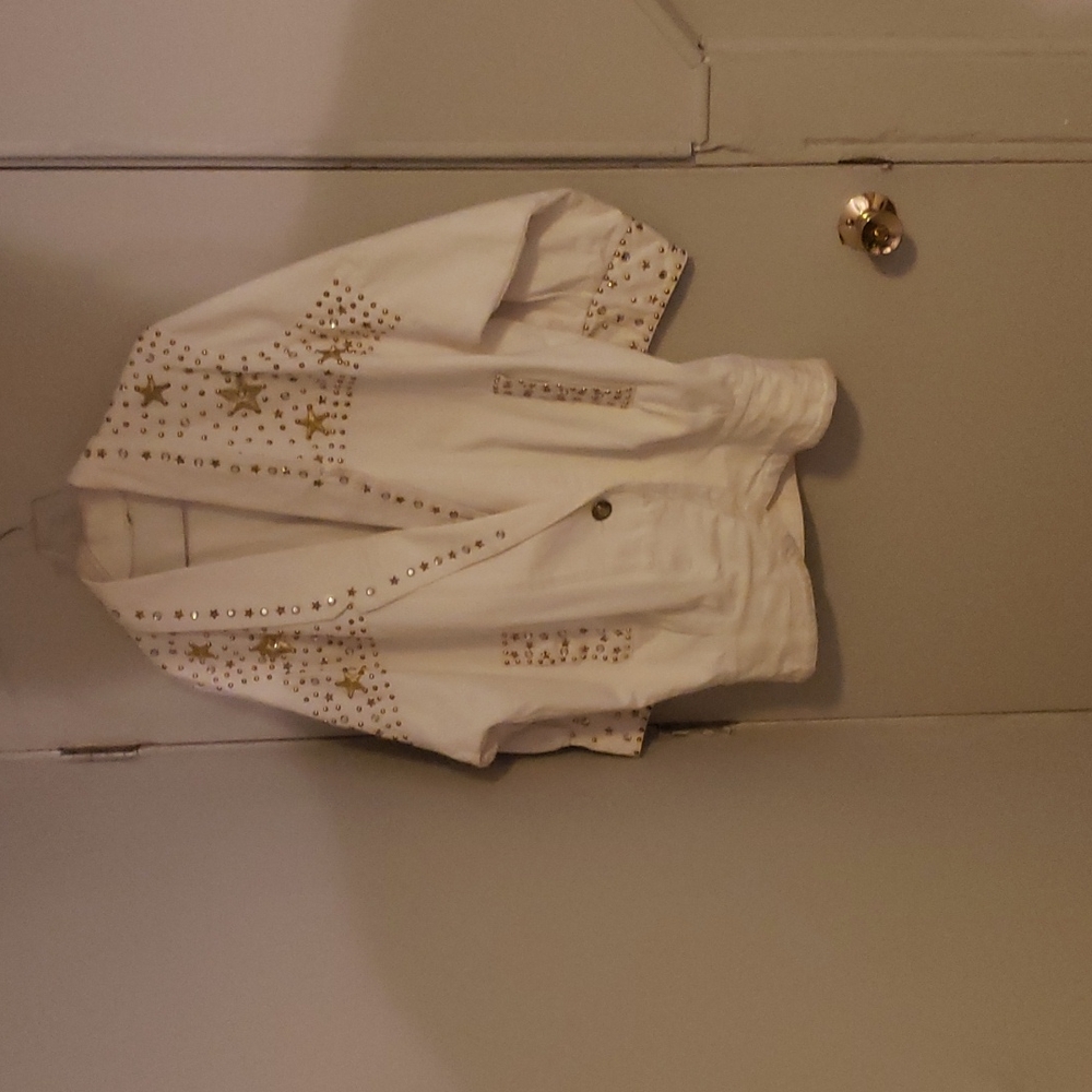 White jean rhinestone and gold stud jacket